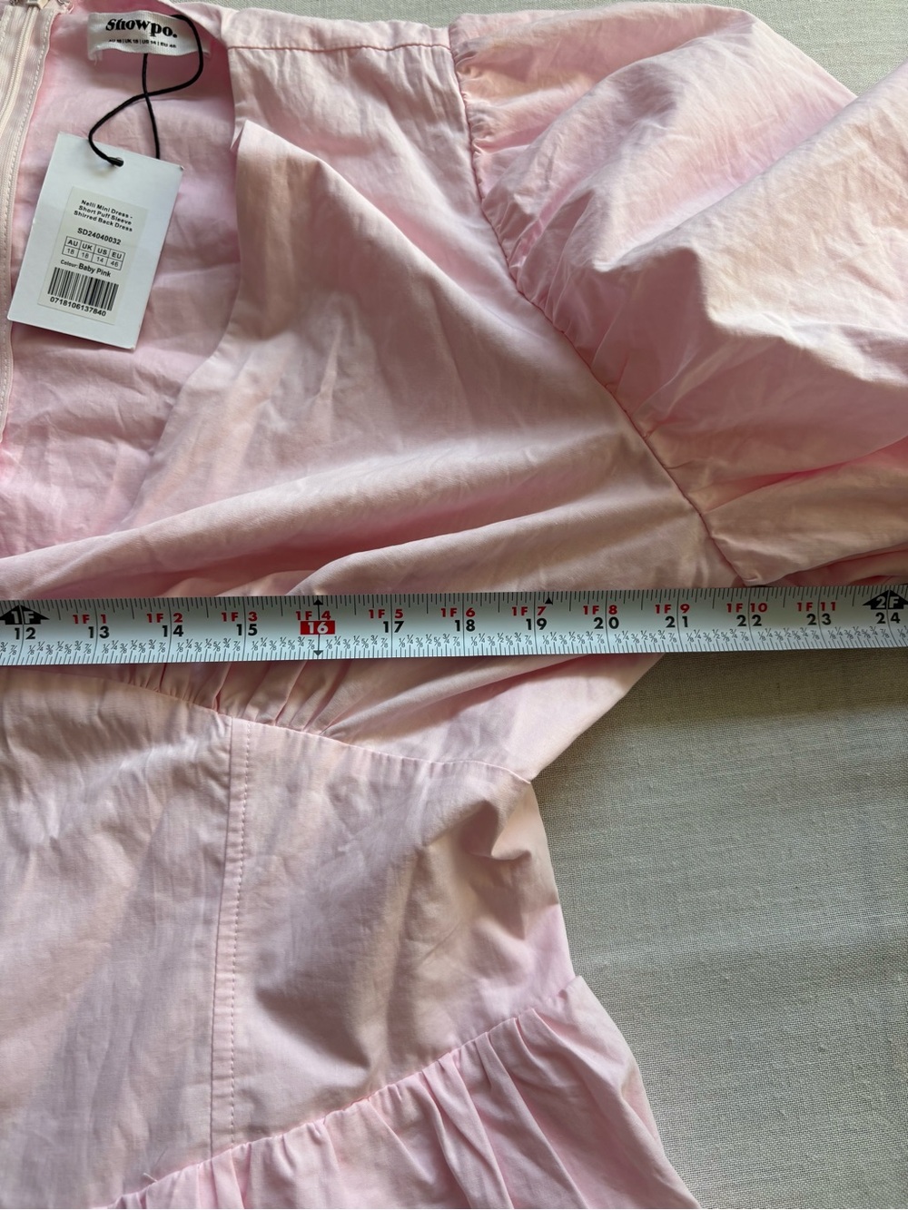 NWT Showpo Nelli Puff Sleeve Shirred Back Mini Dress Baby Pink Cotton Size 14 - Picture 6 of 10